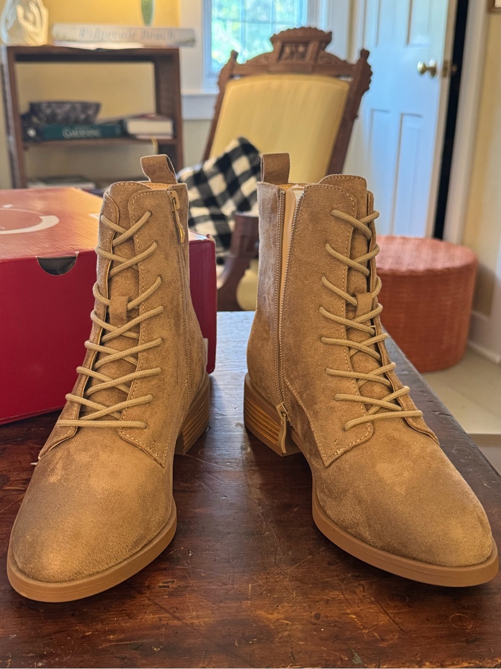 Journee Collection Tan Lace-Up Suede Ankle Boots